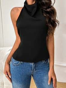 WOWDARK 女士夏季露背吊带缎面上衣，黑色，性感时尚，适合情人节、约会、聚会、派对、旅行、度假、海滩等场合。 - 黑色 - 查看 5