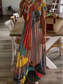 女士时尚休闲度假风印花 V 领连衣裙 - 紅色 - 查看 3