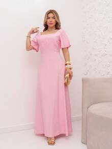 A&DD MODA, REF: 8025 Women's Short-Sleeved Lotus Edge Dress, Solid Color, Long A-Line Skirt, Temperament Slim Waist Skirt For Summer 2025 - 粉色 - 查看 4