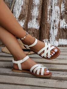 2025 Sandálias Femininas Planas Confortáveis de Cor Sólida com Bico Redondo, Moda Versátil com Tiras Cruzadas, Novos Sandálias Casuais de Verão com Tiras Abertas e Leves