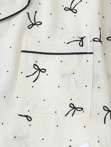 2pcs Women Polka Dot Bowknot Sleepwear Set, Long Sleeve Button Collar Top And Pants, Casual Loungewear For Home Use, Autumn/Winter, Fall Clothes