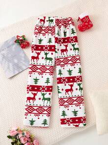 Mädchen modische und lässige Weihnachts-Plüsch-Muster bedruckte Hauskleidung Hose, weich, warm und bequem, gerade geschnittene Hose, sehr geeignet für Winterfeste, Partys und Zusammenkünfte
