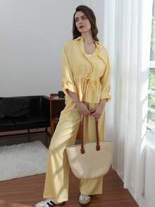Bộ đồ thời trang nữ mới, áo kiểu voan hồng có eo điều chỉnh được, kết hợp với quần ống rộng voan. - Màu vàng - Xem 8