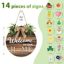 Interchangeable Welcome Home Sign,Seasonal Front Porch Door Decor With 15 Changeable Icons For Halloween /Christmas/Independence Day,Rustic Wood Wreaths Wall Hanger For Housewarming Gift - 歡迎圓牌 - 查看 1