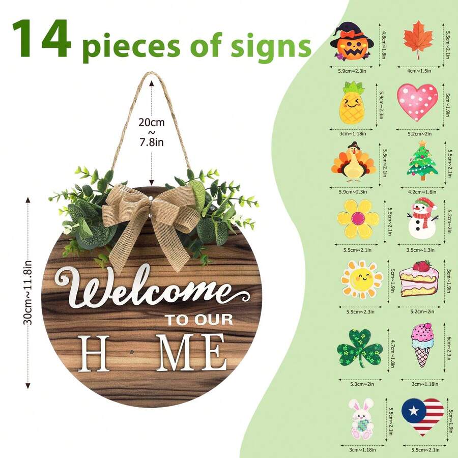 Interchangeable Welcome Home Sign,Seasonal Front Porch Door Decor With 15 Changeable Icons For Halloween /Christmas/Independence Day,Rustic Wood Wreaths Wall Hanger For Housewarming Gift - 歡迎圓牌 - 查看 1