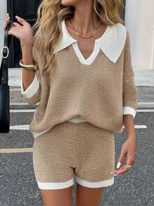 Women's Stripe Knit Loose Fit Short Sleeve Polo Top & Shorts Set Casual Effortless Elegance Daily Wear Spring Summer Random Stripe - 卡其色 - 查看 7