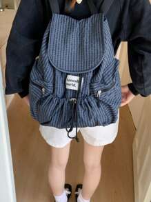 Large Capacity Fashionable Plaid Multi-Pocket Nylon Casual Backpack, Waterproof Lightweight Foldable Drawstring Patch Letter Travel Bag, Summer