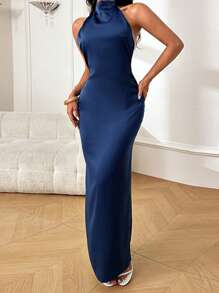WOWDARK Women's Autumn Solid Color Satin Halter Neck Backless Dress