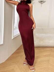 WOWDARK 夏季缎面露背吊带优雅派对连衣裙，酒红色，适合情人节、约会、聚会、派对、旅行、度假、海滩等场合。 - 酒紅色 - 查看 4
