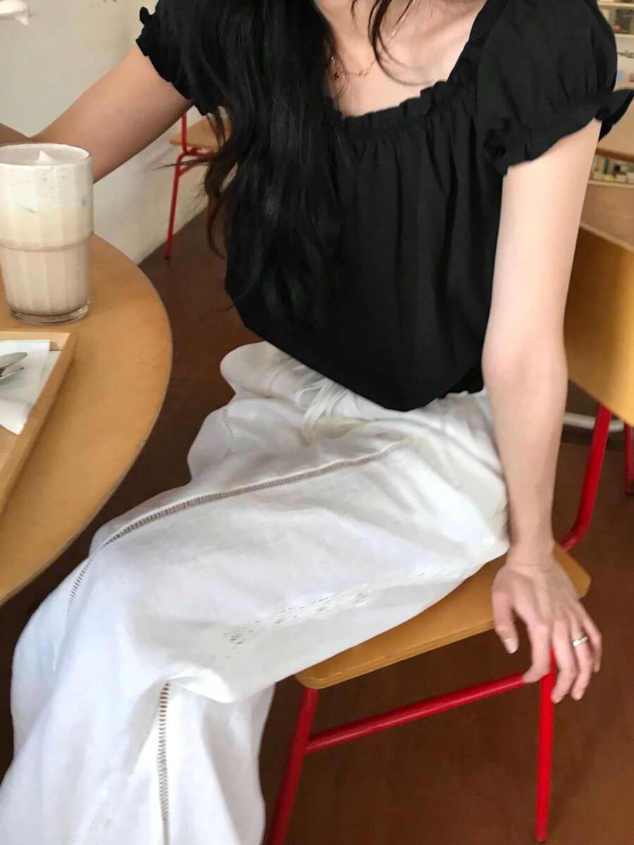 2025春夏女装纹理设计短袖衬衫 - 黑色 - 查看 1