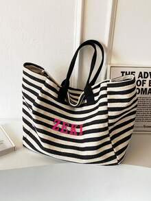 1pc Customized Striped Canvas Tote Bag, Printable With Your Name, Large Capacity Commuter Handbag, College Style Fits A4 Textbooks, Thick Canvas Anti-Wrinkle, Suitable For Office Ladies, Mothers, Beach Trips, Christmas Gift - Black and White - View 5