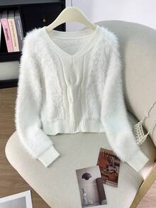 Women's V-Neck Soft Faux Mink Knitted Sweater, Casual Wear For Office And Home