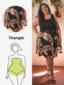 Truni Sometimesglam Plus Tropical Print Guipure Lace Insert Summer Boho Dress, Beach Dress Sundress,Holiday Outfits, For Pear Triangle Body Shape - Black - View 1