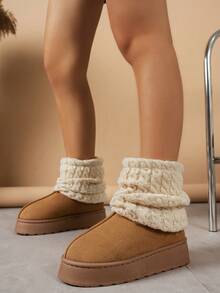 秋冬可爱保暖厚底舒适靴子，时尚百搭毛绒内衬短筒个性修身防滑针织袜雪地靴，毛皮靴 - 咖啡 - 查看 4