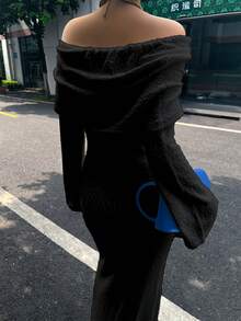 性感街頭風純色半透單肩長袖超長版白色針織洋裝，夜店派對性感女裝 - 黑色 - 查看 3
