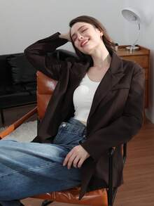 HH Women's White Turn-Down Collar Long Sleeves Lace-Up Blazer - Mocha Brown - View 11