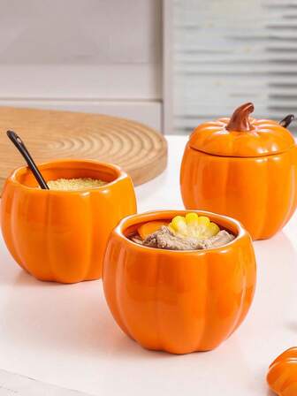 1 st pumpasockerskål i keramik med lock och sked, stor kapacitet, tvättbar pumpakryddburk för Halloween-köksbänkskiva, kaffebar, socker, salt, peppar, förvaring, Thanksgiving-present, skördefest, familjemiddag