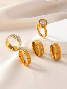 4/5 件精致时尚法式浪漫不锈钢镀18k金双层磨砂戒指双排水钻戒指罗马氧化锆女士金戒指四件套，女士礼物送给女孩的礼物送给妈妈的礼物，适合女性日常佩戴