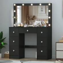 Vanity Makeup Desk Large Dressing Table 11 LED Bulbs Lighted Mirror And 7 Drawer - 黑色 - 查看 6