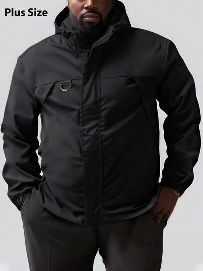 Plus Size Men's Lightweight Zip-Up Hooded Jacket, Suitable For Spring/Autumn Outdoor Wear