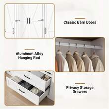 2/3/4 Doors Wardrobe Armoire Closet With Doors And Drawers, Farmhouse Wooden Armoire Storage Cabinet With Shelves & Hanging Rod For Bedroom - trắng - Xem 9