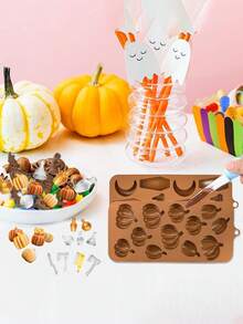 一套 4 个万圣节耐热硅胶模具，包括南瓜瓶和主题形状；这些模具柔软且易于拆卸；适用于塑造南瓜、瓶子、斧头、月亮、棺材、刀子等；非常适合万圣节烘焙、万圣节食品模具和万圣节派对用品。 - 彩色 - 查看 4