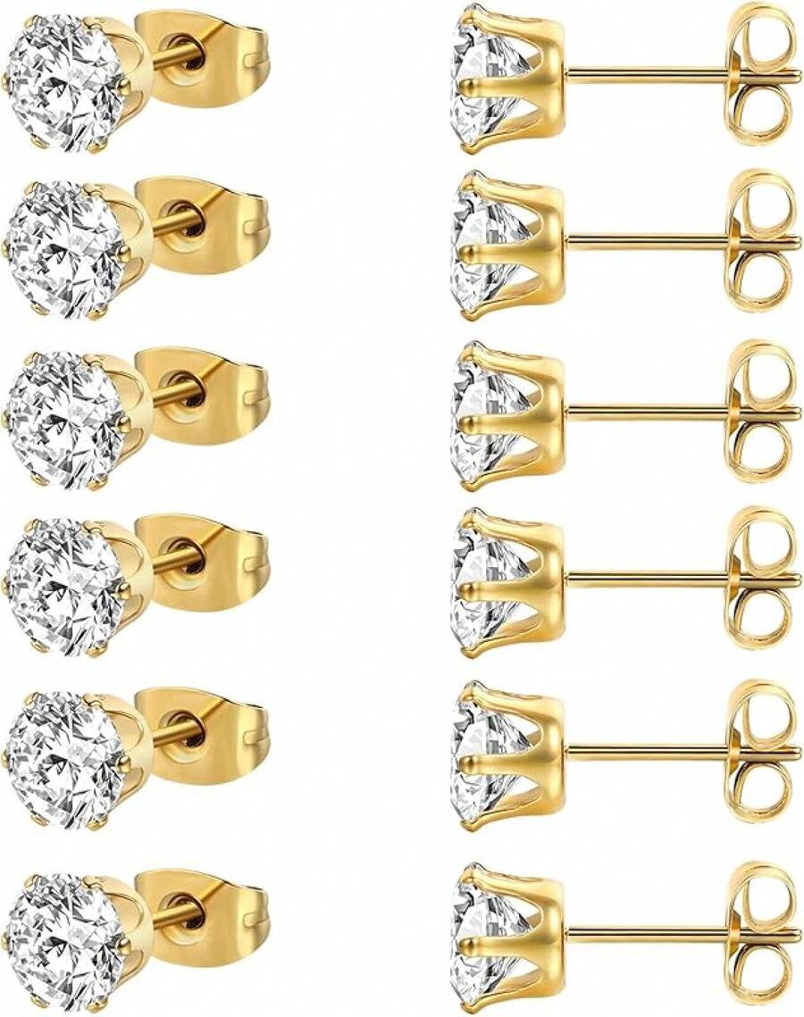 MDFUN 6 Pairs Stud Earrings Sets 3-8MM 18K Gold Plated Round 5A+ Cubic Zirconia Earrings CZ 6 Prong Ears Jewelry Women - 8毫米-黃金 - 查看 1