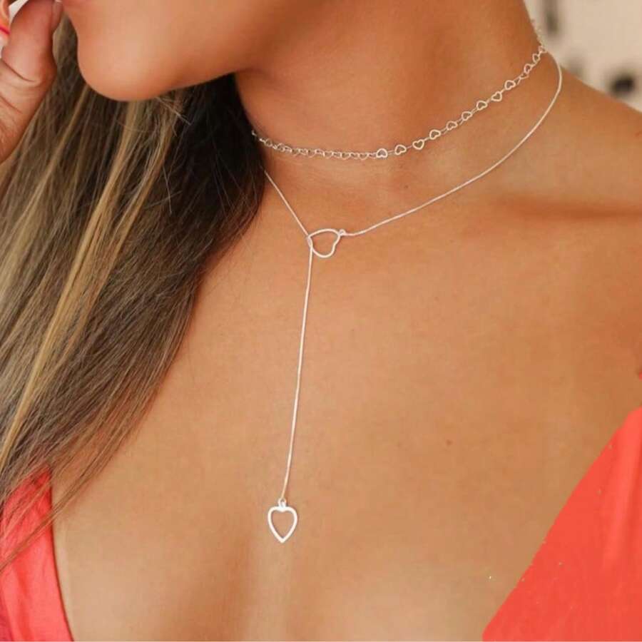 2-Piece Kit With Hollow Double Heart + Snake Bone Choker Plated In 925 Silver Or 18K Gold - 銀色 - 查看 1