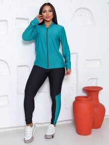 TRIO - Women's 3-Piece Gym Set Fitness Kit Bomber Jacket + Top + Dry Fit Pants (TOP AND BOMBER ONE SIZE) - 綠色 - 查看 2