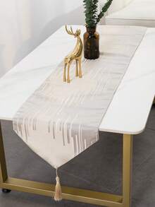 1pc Grey Meteor Shower Striped Pattern Tablecloth, Polyester High-Density Jacquard Weaving, Tassel Fringe, Suitable For Home Kitchen, Dining Room, Hotel, Bar, Coffee Shop, Outdoor Garden, Holiday Party Decoration