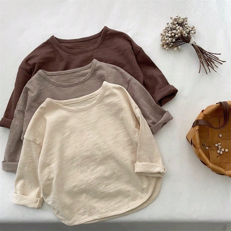 Piezas Camisetas de manga larga delgadas de unicolor de bambú para niños, tops casuales de corte holgado para niños y niñas