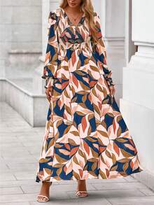 Women Fall Maxi Dresses Floral V Neck Long Sleeve Smocked Boho Long Dress Elegant Vacation Homecoming Wedding Guest Valentine Outfits - 卡其色樹葉 - 查看 1