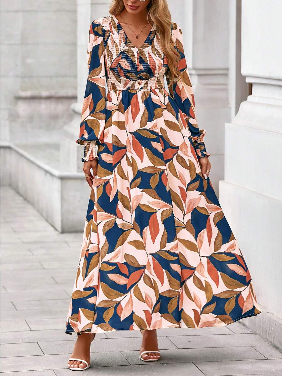 Women Fall Maxi Dresses Floral V Neck Long Sleeve Smocked Boho Long Dress Elegant Vacation Homecoming Wedding Guest Valentine Outfits - 卡其色樹葉 - 查看 1