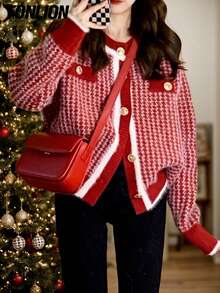 Tonlion 女士秋冬优雅韩版羊毛开衫 - 紅色 - 查看 1