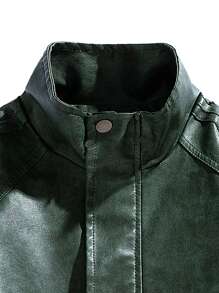 男士长袖复古美式PU皮经典夹克，秋冬款，朋克风 - 綠色 - 查看 3