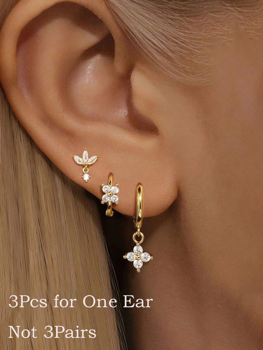 3 piezas Pendientes de botón con flor de 5 pétalos de circonita, apilables, adecuados para mujeres; Pendientes hipoalergénicos chapados en oro de 18K para cartílago de la oreja, joyería para perforación de orejas, adecuados para mujeres y niñas - Oro-7# - Ver 1