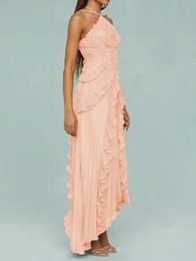 Women Ruffle Pleated Long Dress Sleeveless Halter Irregular Tiered Pleated Flowy Chiffon Dresses For Wedding Guest - Dusty Pink - View 2