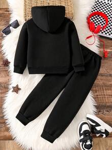 Tween Boy Slogan Cat Print Warm Hoodie And Sweatpants Casual Set - Black - View 3