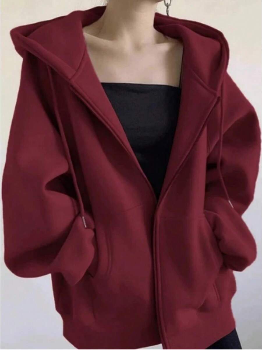 Women's Hooded Sweatshirt With Zipper Closure - 酒紅色 - 查看 1