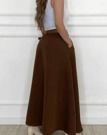 Women's Long Round Skirt Tailored Oxford Fashion Evangelical Casual Basic Winter High Waist Elegant - 咖啡棕 - 查看 2