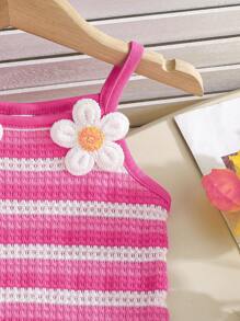 女宝宝夏季条纹无袖花卉刺绣连衣裙，甜美连衣裙配斜挎包 - 玫紅色 - 查看 4