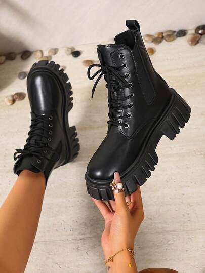 Botas de mujer de estilo Ins a la moda y ajustadas, nuevas botas de motocicleta versátiles para primavera, otoño e invierno con cordones (el tamaño es pequeño, se sugiere pedir una talla talla grande grande)