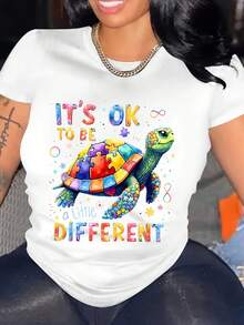 A Little Different Turtle Autism Awareness It'S Ok To Be T-Shirt, Comfortable Outdoor, Casual Top Casual Summer Wear Crew Neck Tshirt, Summer Clothes, Slightly Elastic, 100%Cotton, S-XXXL-1 - 白色 - 查看 1
