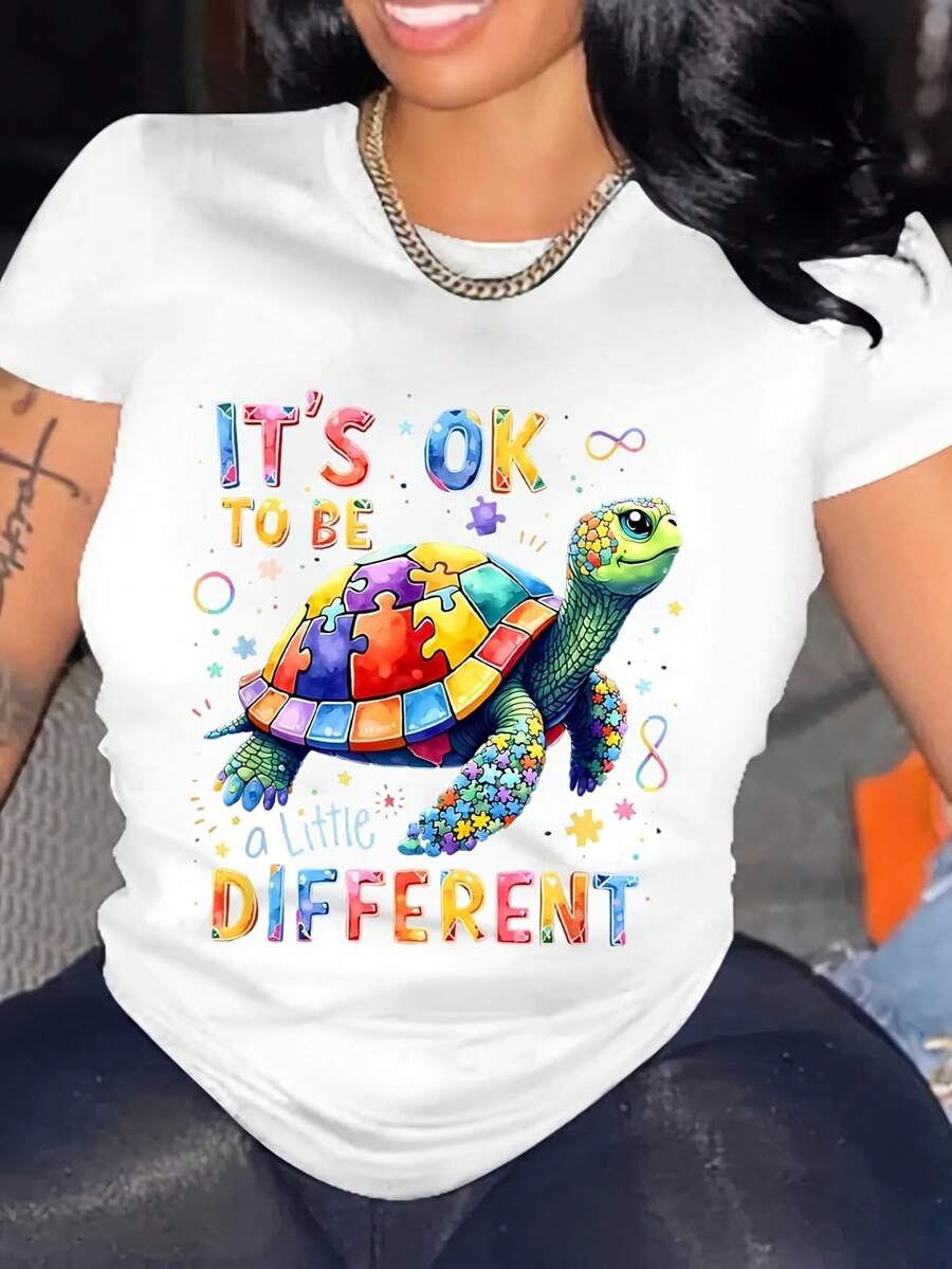 A Little Different Turtle Autism Awareness It'S Ok To Be T-Shirt, Comfortable Outdoor, Casual Top Casual Summer Wear Crew Neck Tshirt, Summer Clothes, Slightly Elastic, 100%Cotton, S-XXXL-1 - 白色 - 查看 1