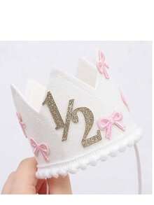 1 套 1/2 生日蝴蝶结皇冠高脚椅横幅装饰、6 个月女婴装饰、粉色蝴蝶结横幅、甜蜜蛋糕拍照道具、小公主粉色丝带蝴蝶结派对 - 粉色 - 查看 8