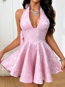 Vestido de verano WOWDARK, conjunto de Día de San Valentín rosa, vestido de fiesta elegante de mujer con escote en V profundo, estampado jacquard, cuello halter, lazo y espalda descubierta, adecuado para el Día de San Valentín, citas, reuniones, fiestas, viajes, vacaciones, playa y otras ocasiones - Rosa - Ver 3