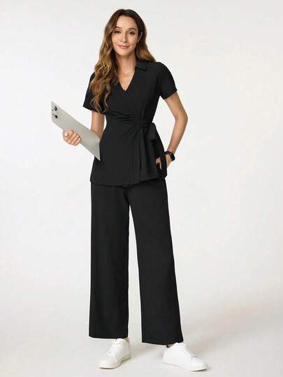 cimmuovere Women's V-Neck Short Sleeve Tie-Front Ruffle & Loose Elastic Waist Pants Scrubs Nurse Scrubs Workwear Dentist Healthcare Pet Hospital Laboratory Uniform Set Spring Black