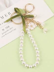 1pc Green Ribbon Lanyard, Car Key Chain Pendant, Creative Lily Flower Pearl Chain Pendant, Earphone Case Bag Decor