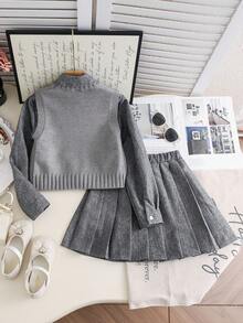 3 件套 Tween 女童蝴蝶结贴花纹理毛衣背心、长袖衬衫和百褶裙套装，秋季 - 灰色 - 查看 3