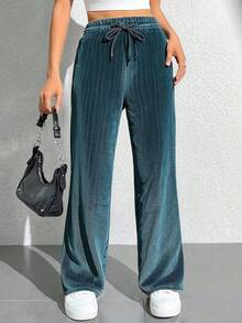 Pantalones de terciopelo para mujer, cintura alta, pierna ancha, casual, con cordón, terciopelo, con bolsillos - Verde - Ver 2